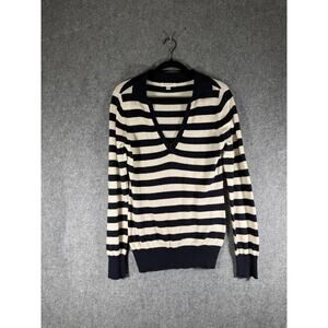 Banana Republic Sweater Women Medium Blue Striped Collar V Neck Coastal Nautical